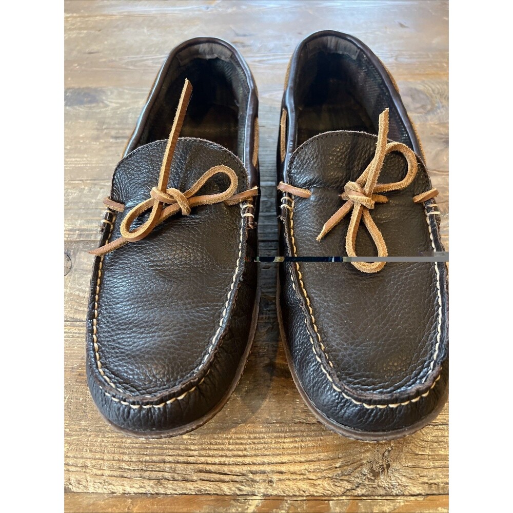 LL Bean Slippers Mens 12 M Brown Leather Loafer Moccasin Flannel Lined EUC